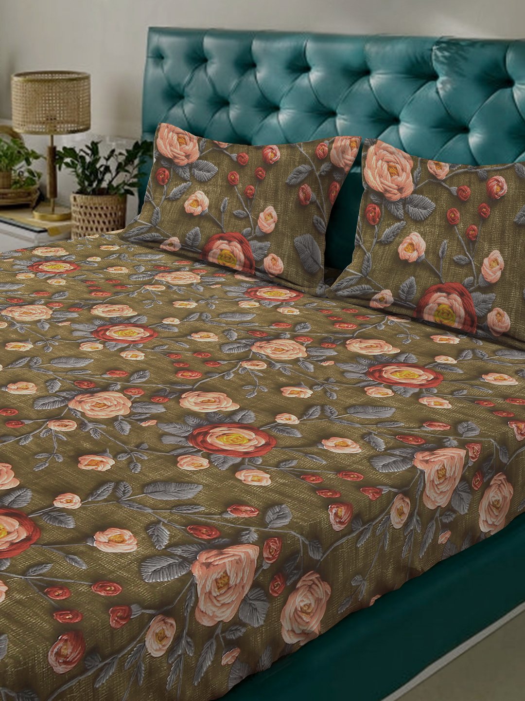 Olive Floral 7D King Size Cotton Blend Double Bedsheet with 2 Pillow Covers