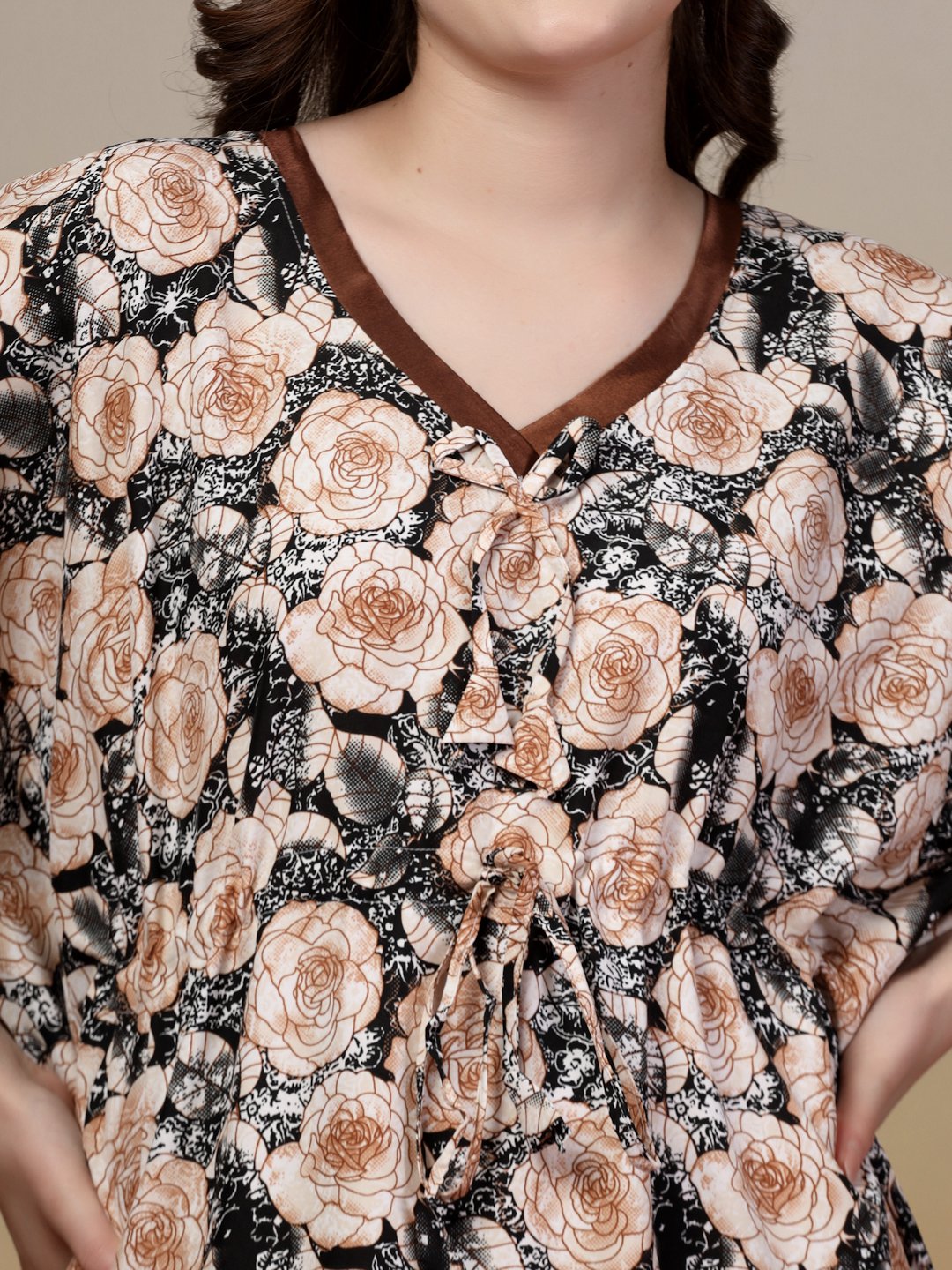 Black Floral Cotton Blend Kaftan Maxi Nightdress