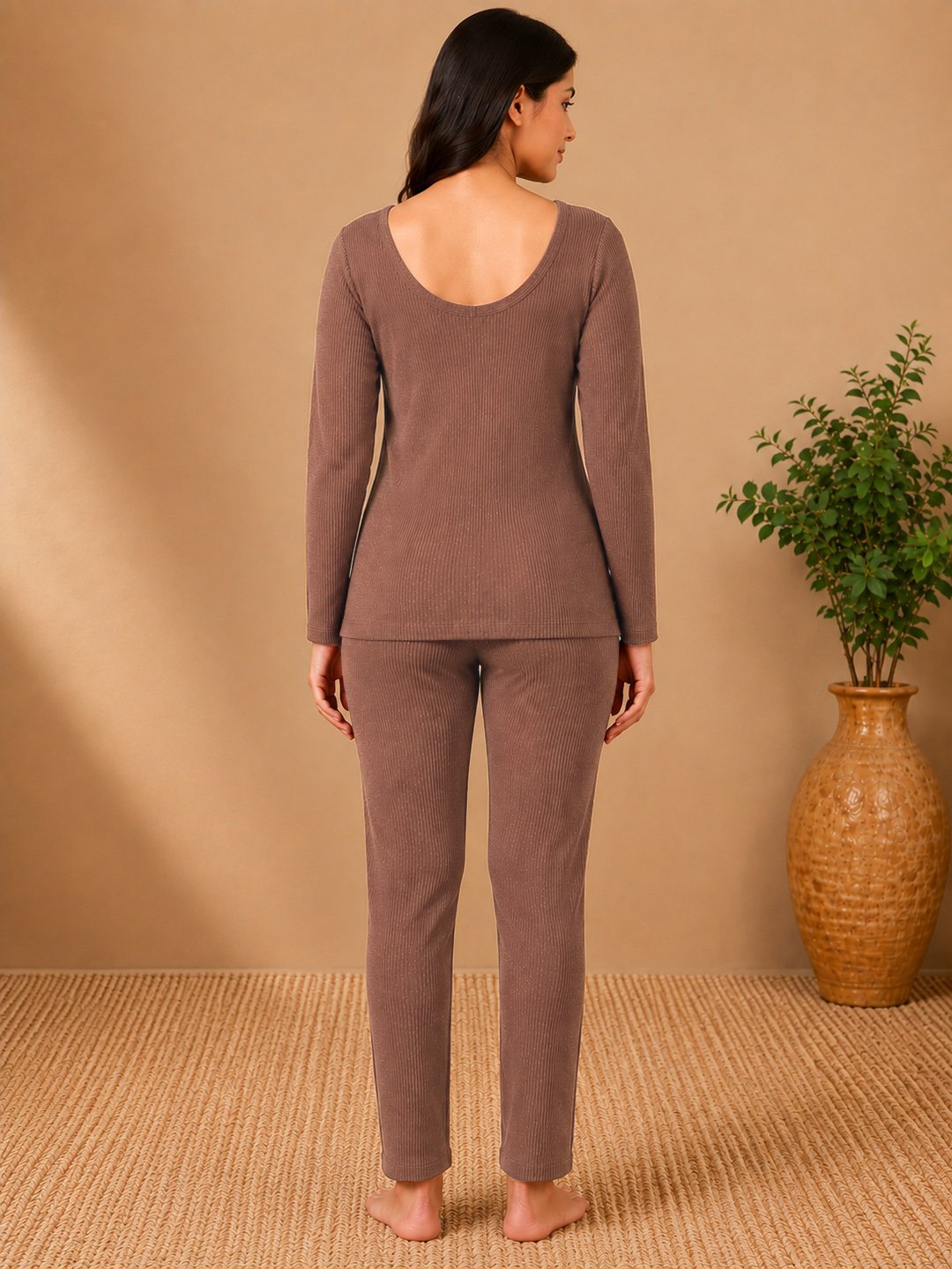 Orange Self Design Woolen Thermal Set
