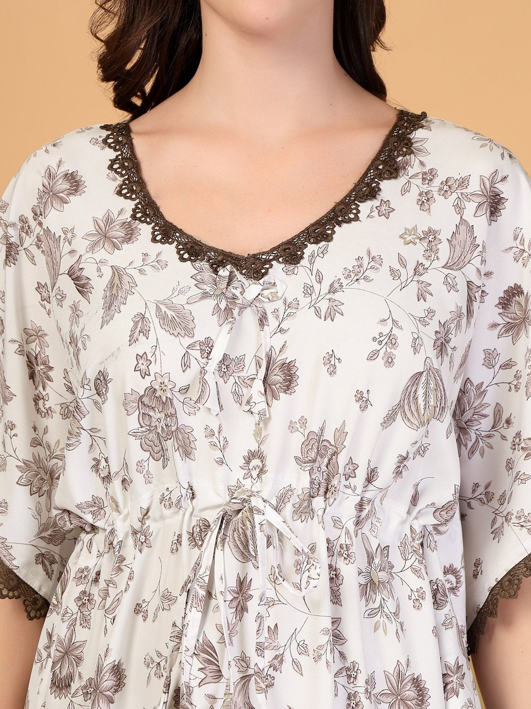 White Floral Cotton Blend Kaftan Maxi Nightdress