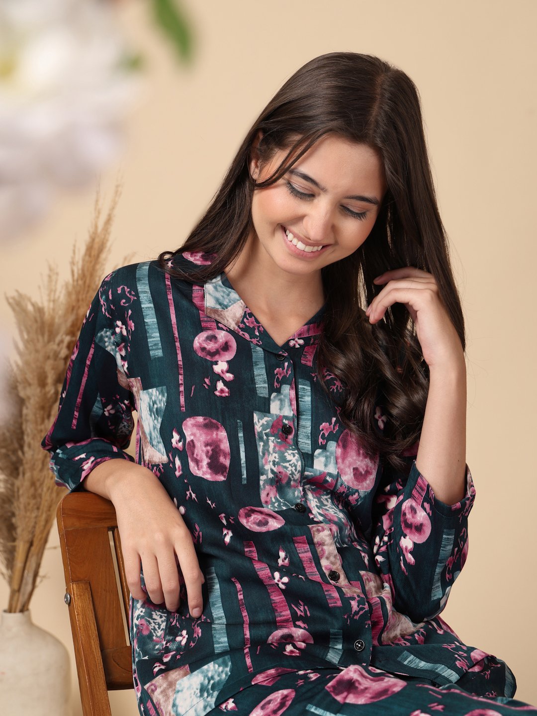 Turquoise Geometric Cotton Blend Women Night Suit