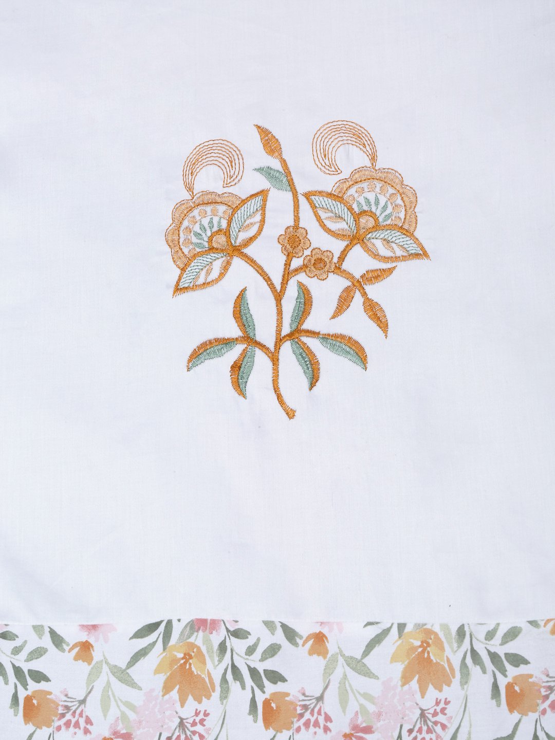 White Floral Embroidered 400 TC Cotton Fitted Double Bedsheet with 4 Pillow Covers & 2 Cushion Covers