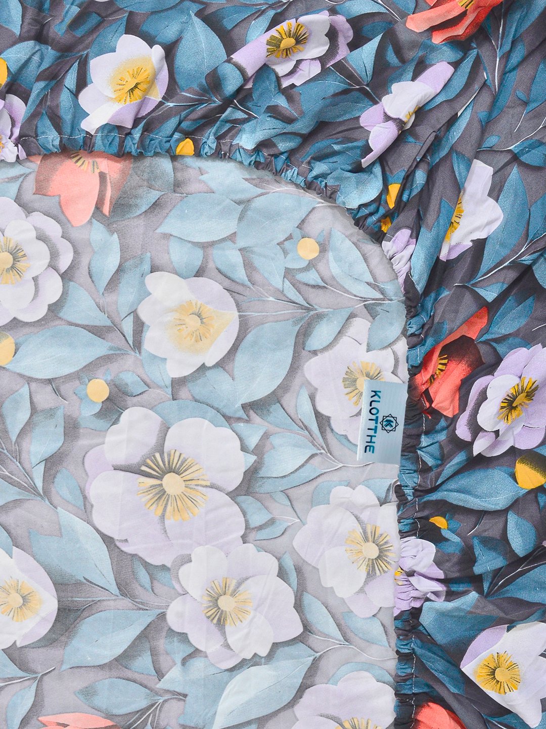 Blue Floral 7D King Size Cotton Blend Fitted Double Bedsheet with 2 Pillow Covers