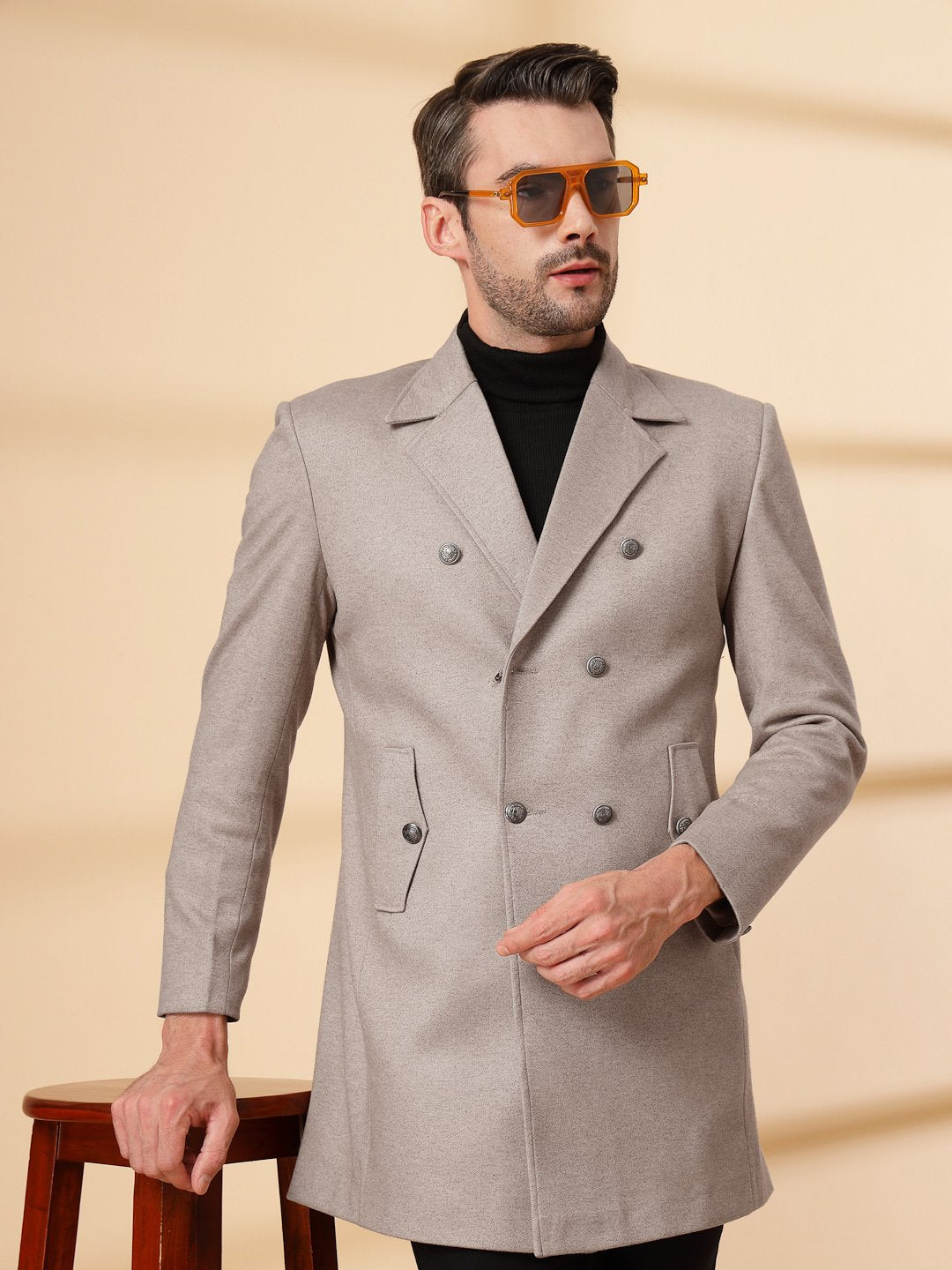 Beige Long Sleeve Double-Breasted Woolen Coat