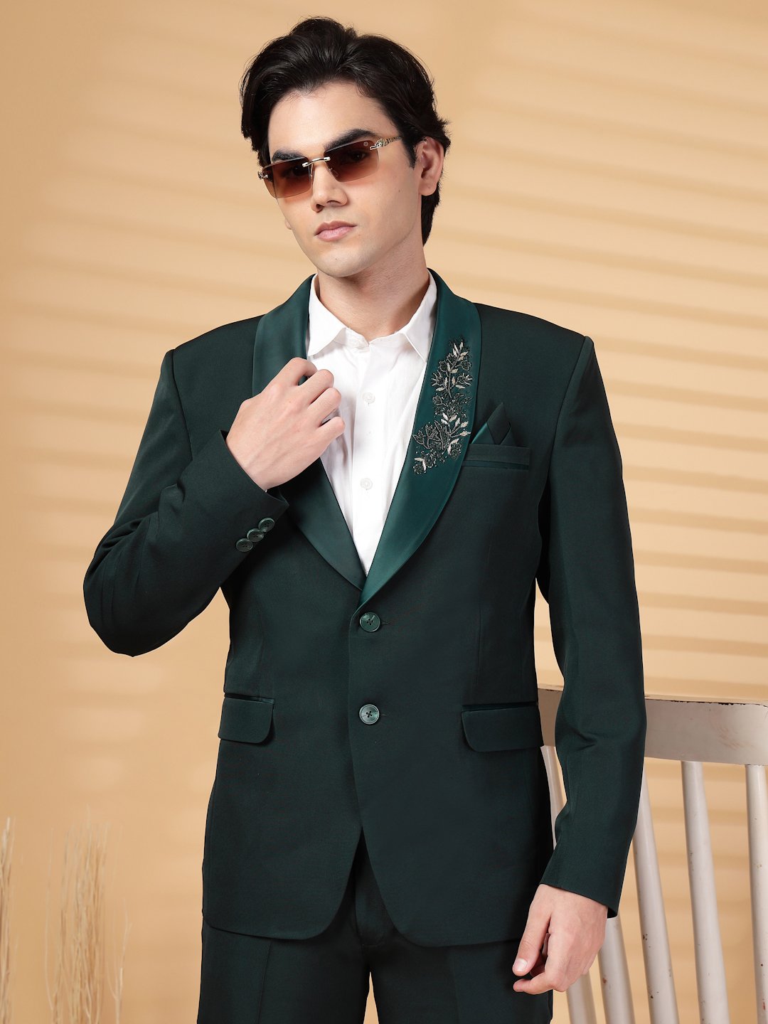 Green Solid Embroidery Single-Breasted Two-Piece Party Suit