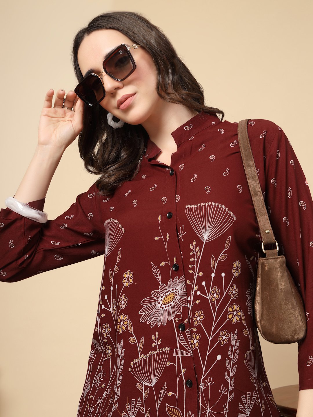 Maroon Cotton Printed Shirt With Trousers Co-Ords Set