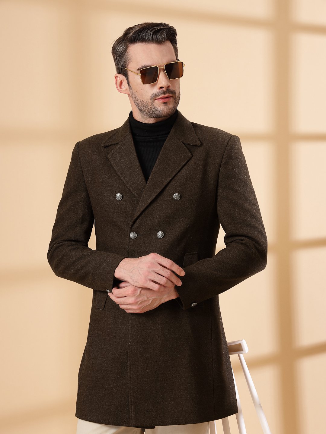 Dark Brown Long Sleeve Double-Breasted Woolen Coat