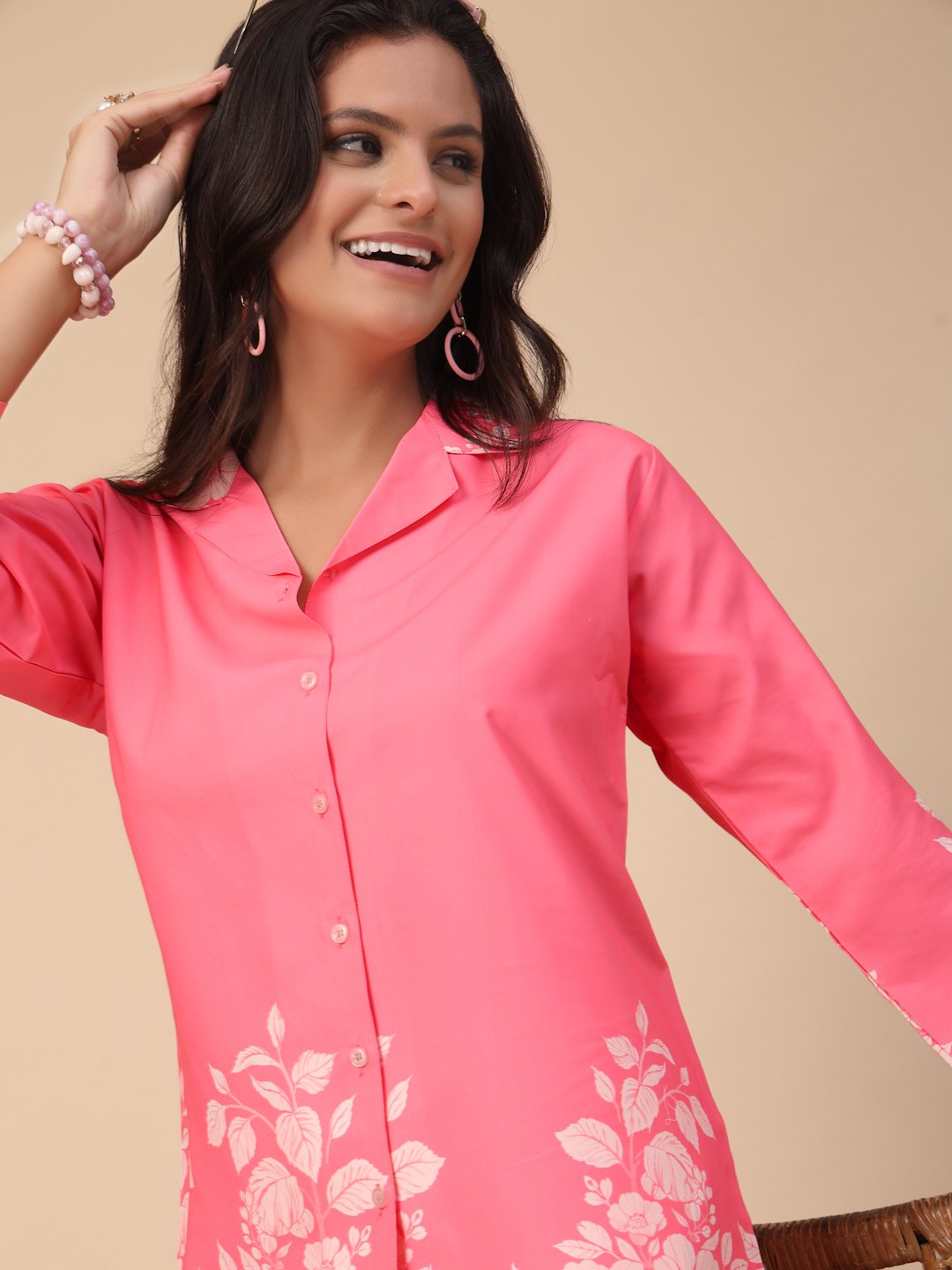 Pink Cotton Printed Shirt With Trousers Co-Ords Set