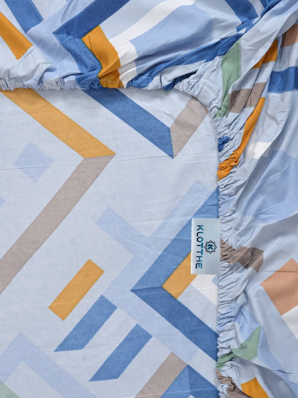Blue Geometric 300 TC Cotton Blend Fitted Single Bedsheet with Pillow Cover