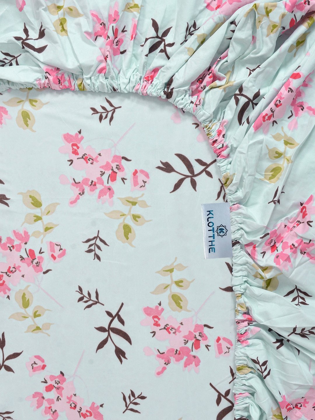 Green Floral 300 TC Cotton Blend Fitted Single Bedsheet with Pillow Cover