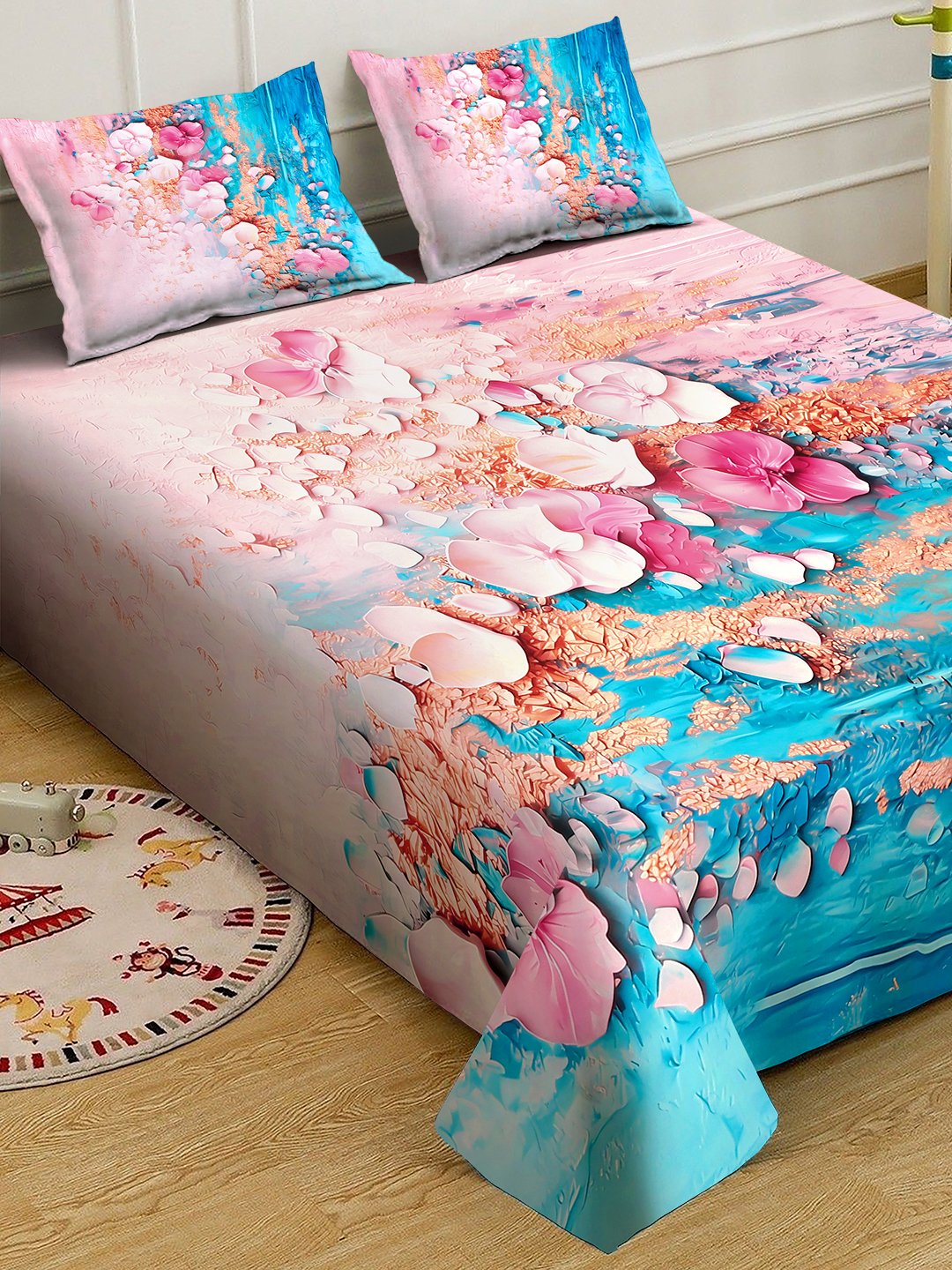 Blue Digital Floral Printed Cotton Blend Double Bedsheet with 2 Pillow Covers