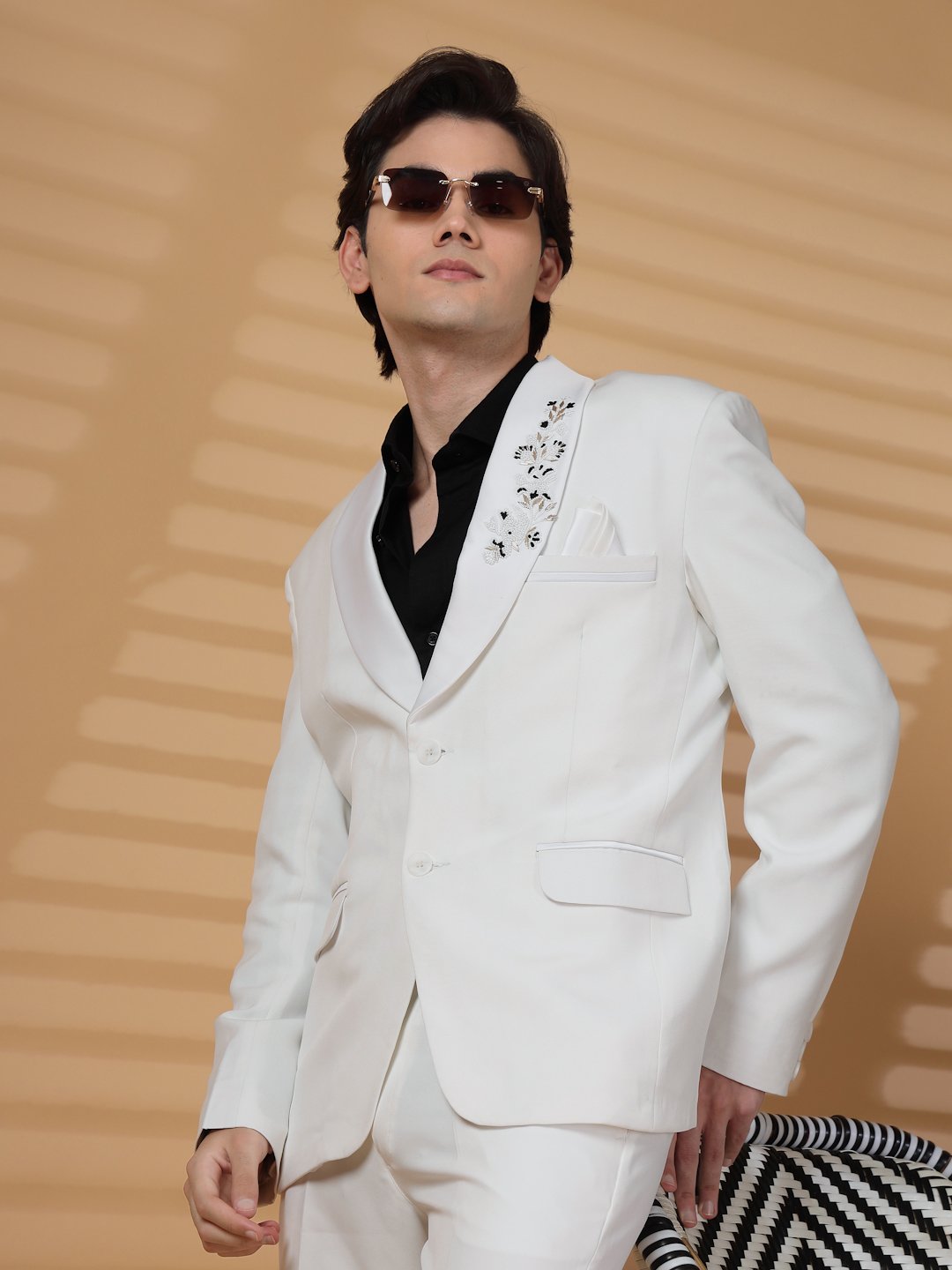 White Solid Embroidery Single-Breasted Two-Piece Party Suit