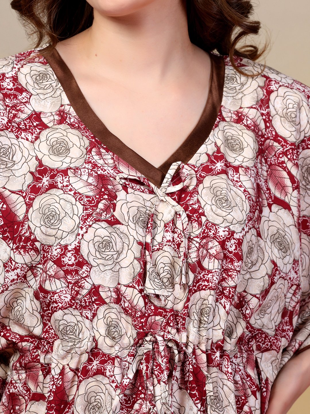 Maroon Floral Cotton Blend Kaftan Maxi Nightdress
