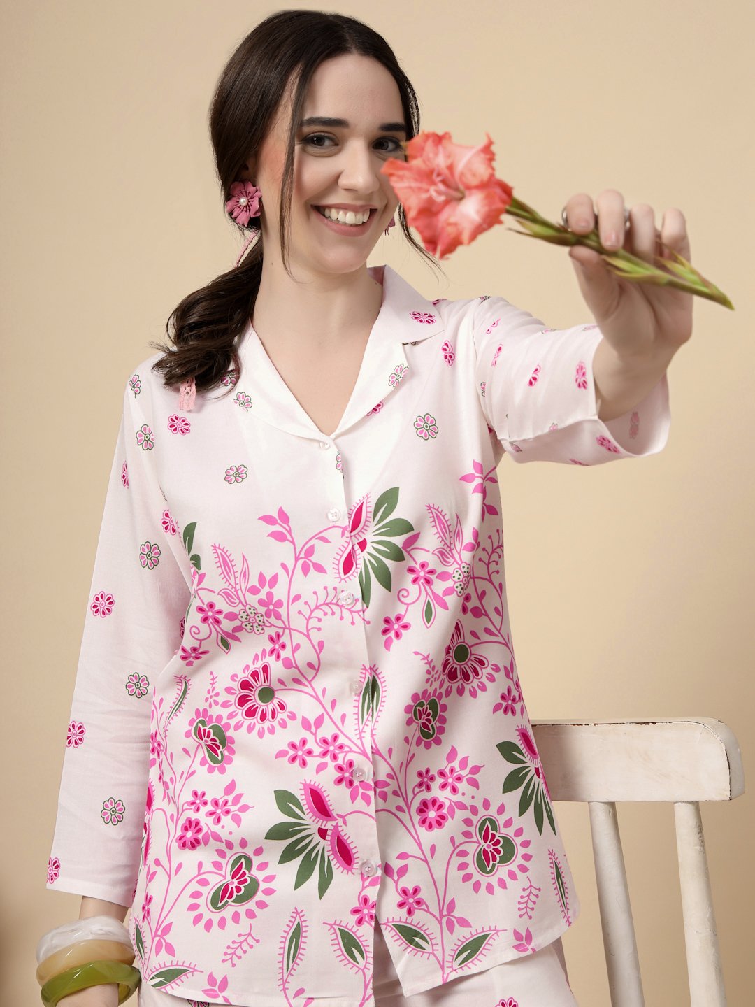 Cream Cotton Printed Shirt With Trousers Co-Ords Set