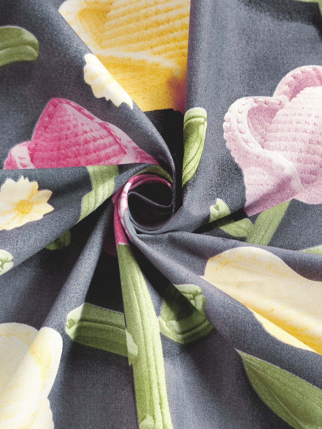 Grey Floral 7D King Size Cotton Blend Fitted Double Bedsheet with 2 Pillow Covers