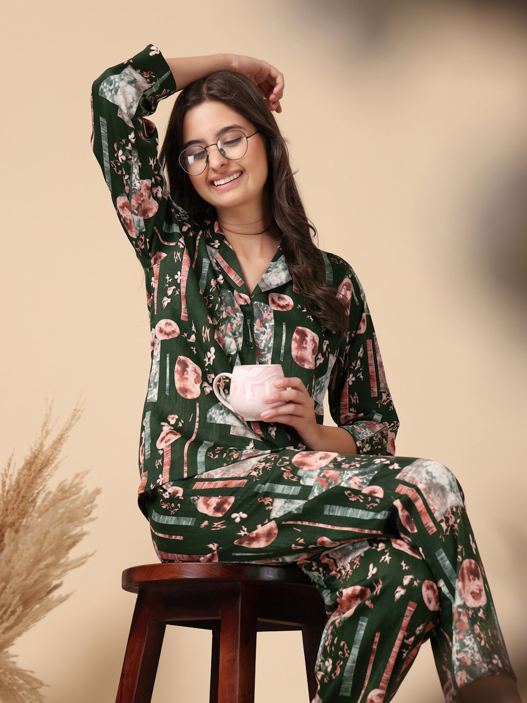 Green Geometric Cotton Blend Women Night Suit