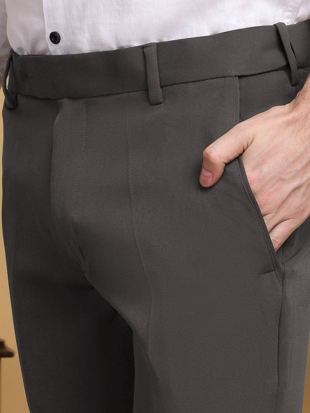 Brown Lycra Cotton Elastic Solid Slim Fit Formal Trouser