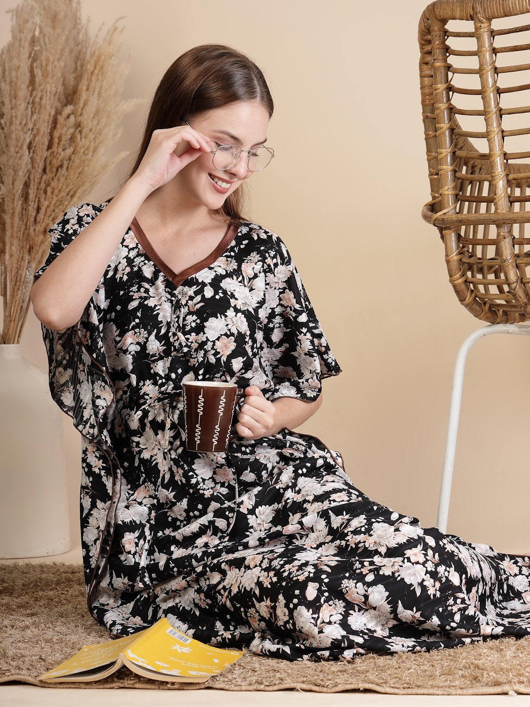 Black Floral Cotton Blend Kaftan Maxi Nightdress