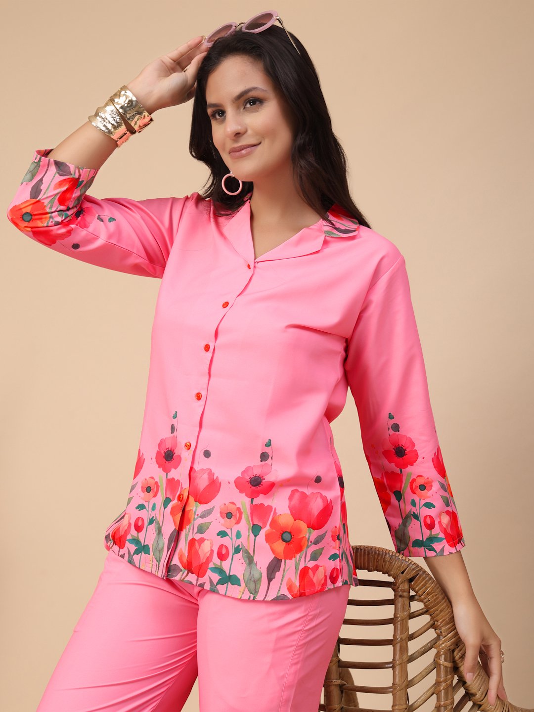 Pink Cotton Printed Shirt With Trousers Co-Ords Set