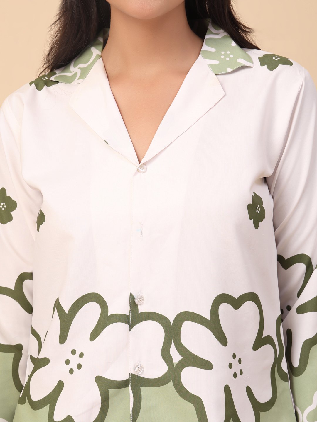 Cream Cotton Printed Shirt With Trousers Co-Ords Set