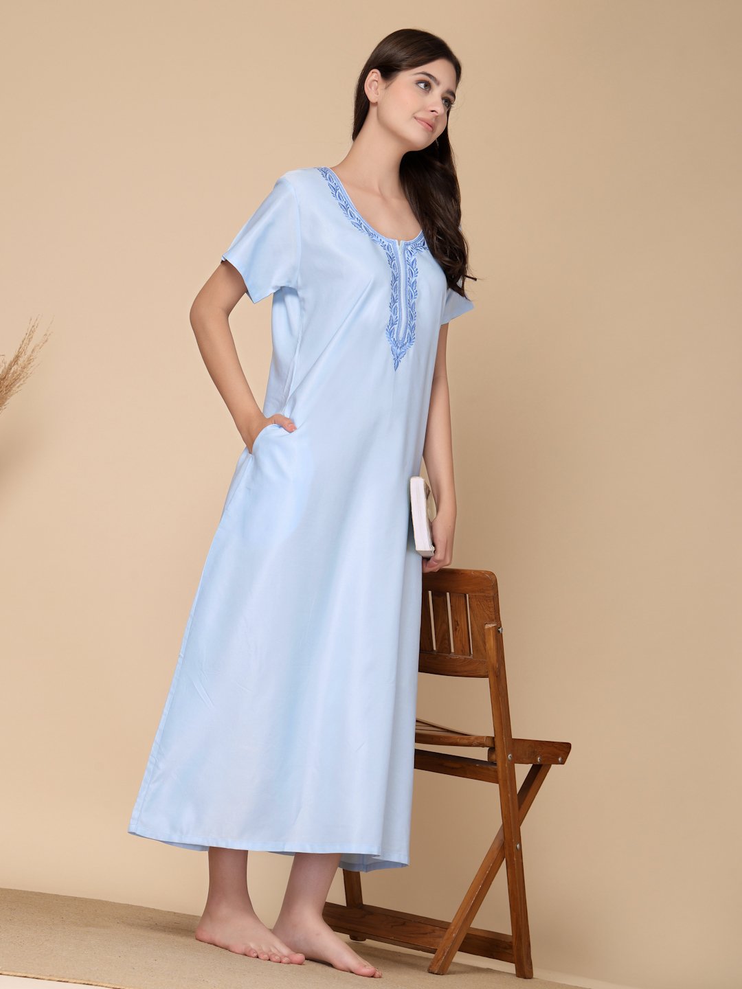 SkyBlue Solid Soft Feel Cotton Blend Maxi