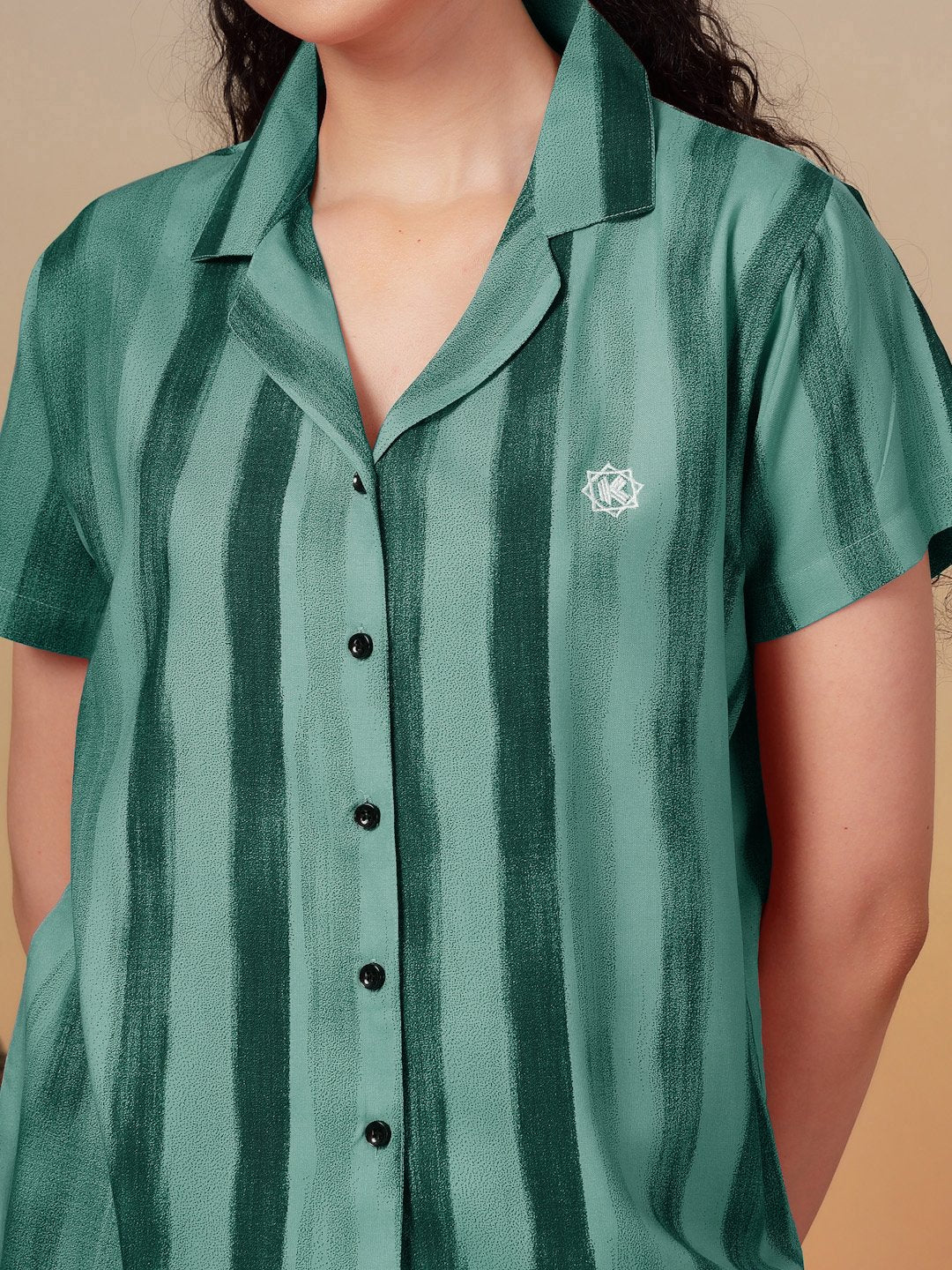 Women Green Striped Pure Cotton Night Suit