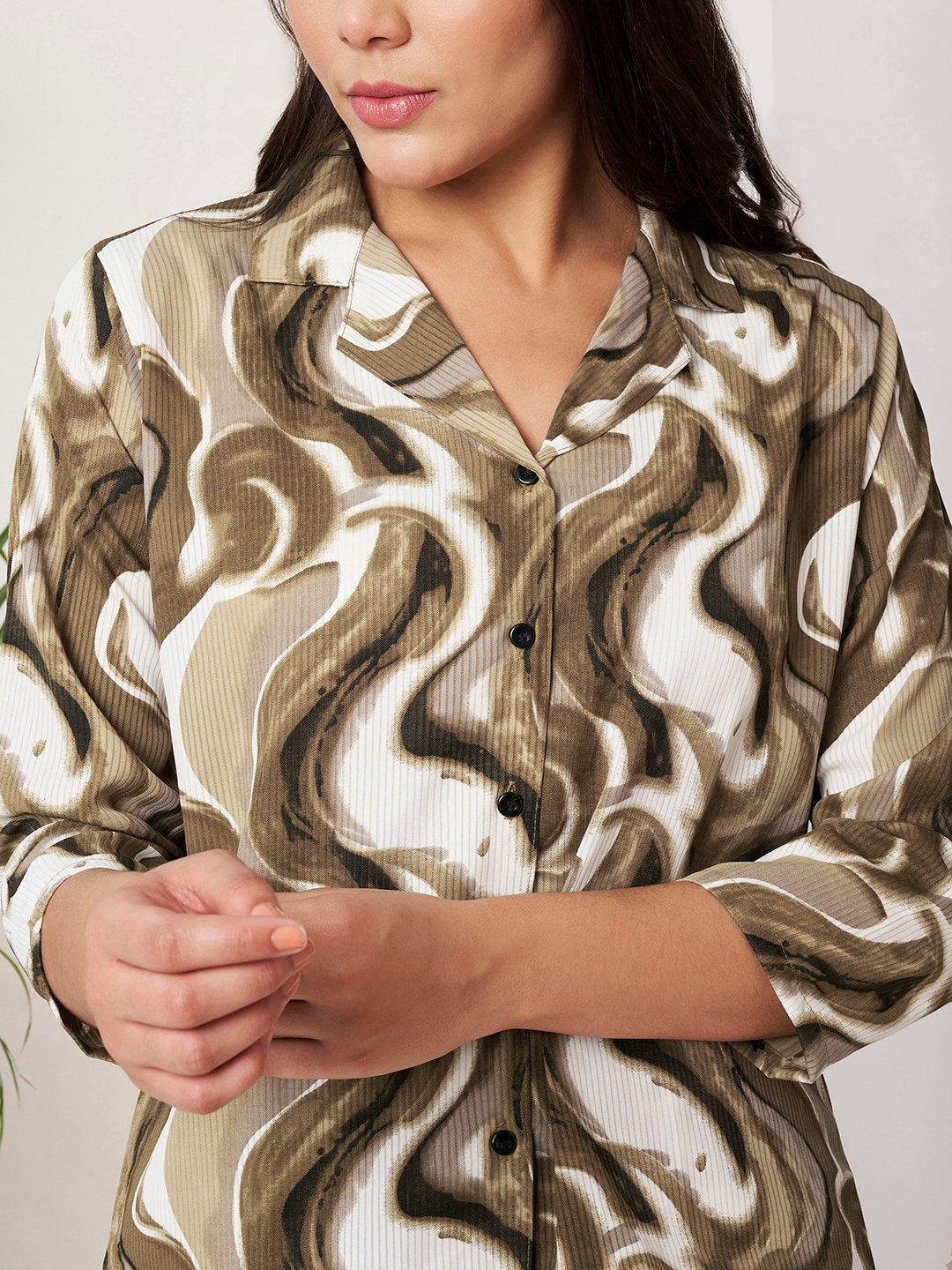 Brown Cotton Printed Shirt With Trousers Co-Ords Set