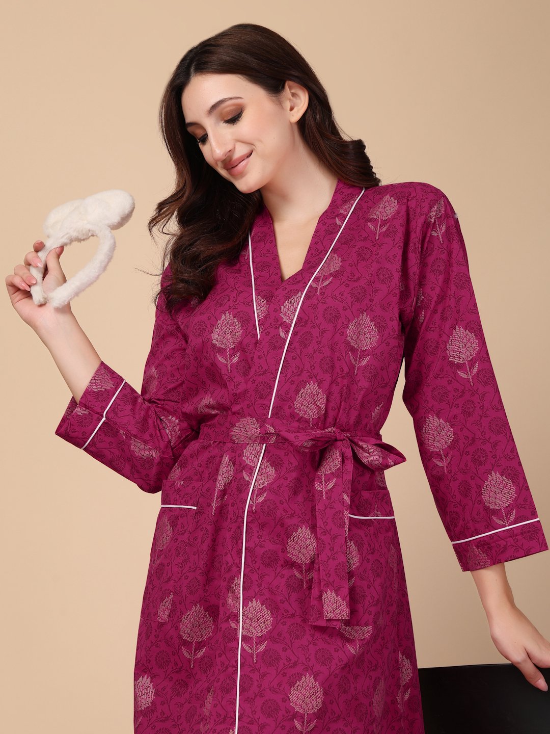 Women Printed Pink Floral Pure Cotton Bath Robe With Belt
