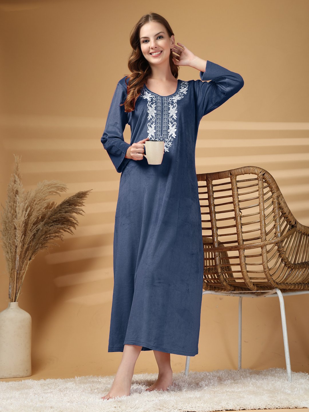 Klotthe Blue Solid Soft touch Velvet Maxi Nightdress