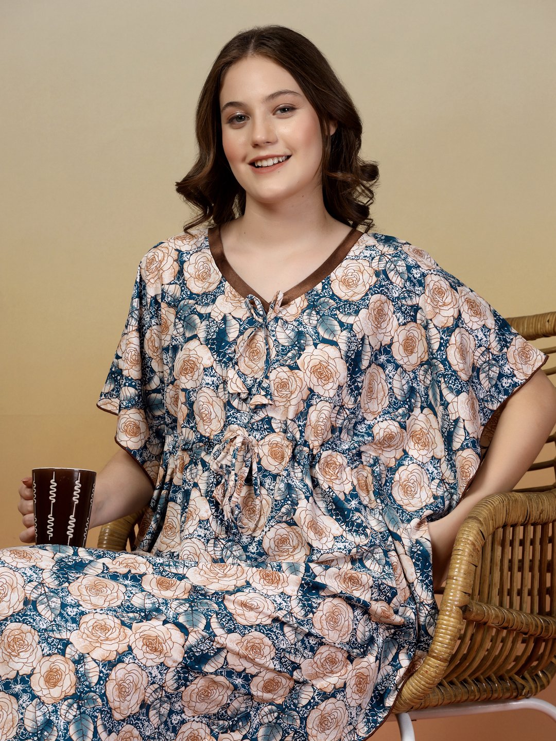 Blue Floral Cotton Blend Kaftan Maxi Nightdress