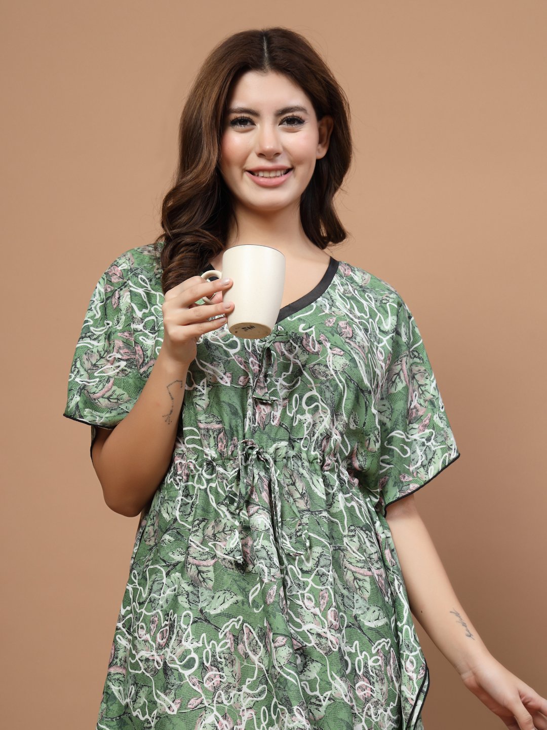 Green Floral Cotton Blend Kaftan Maxi Nightdress