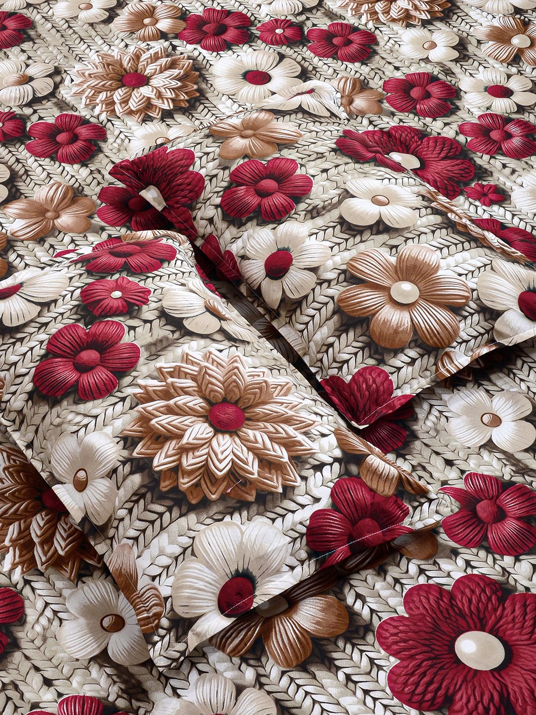 Beige Floral 7D King Size Cotton Blend Double Bedsheet with 2 Pillow Covers