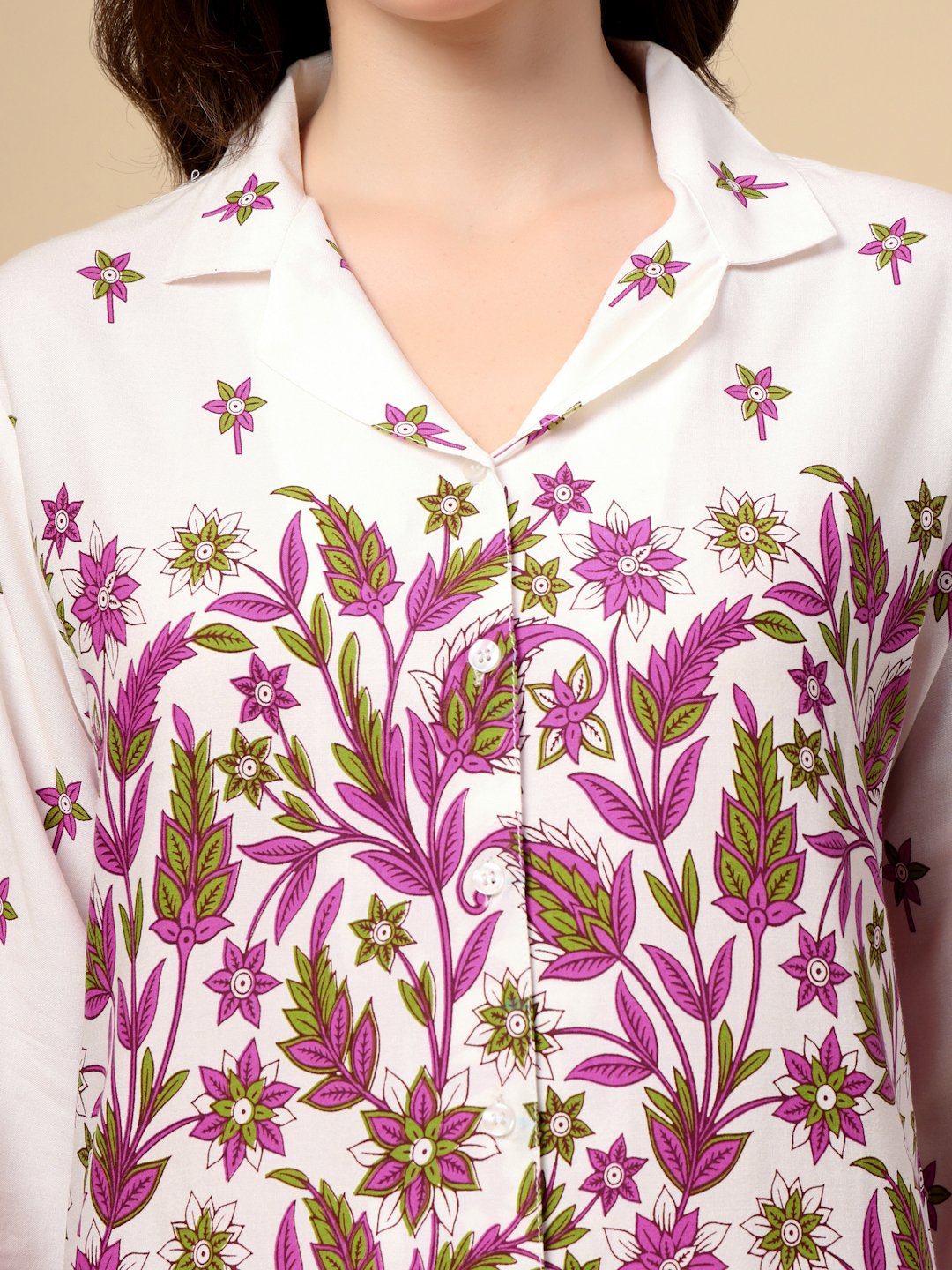 Cream Cotton Printed Shirt With Trousers Co-Ords Set