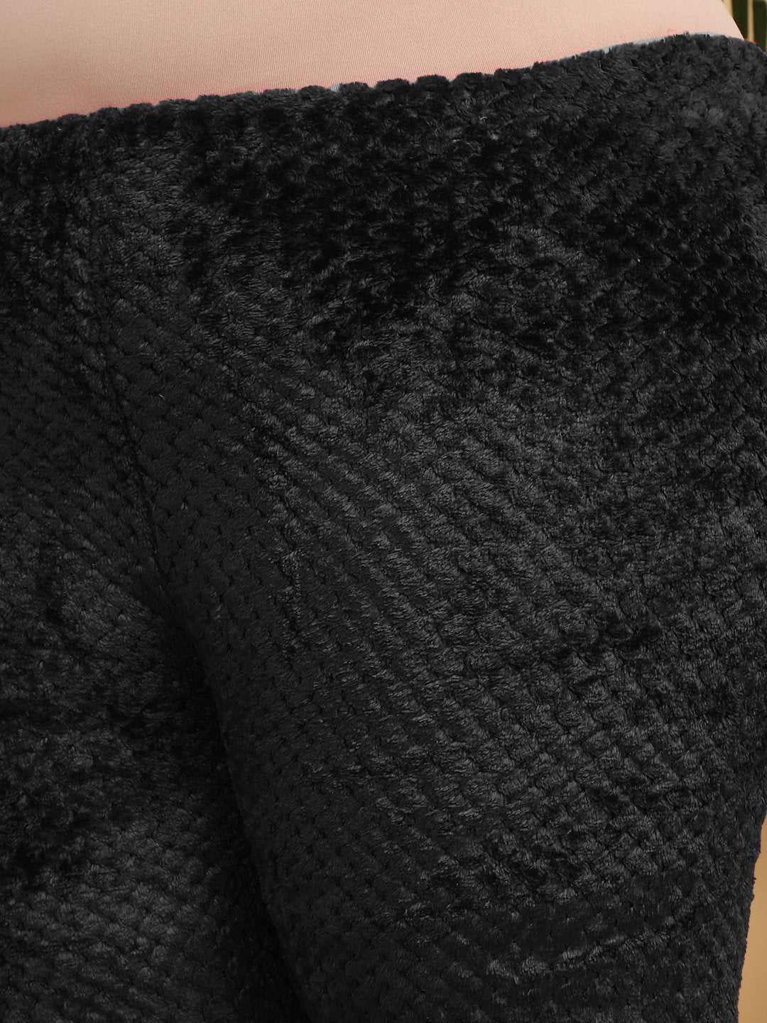 Women Black Solid Hooded Woolen Night Suit