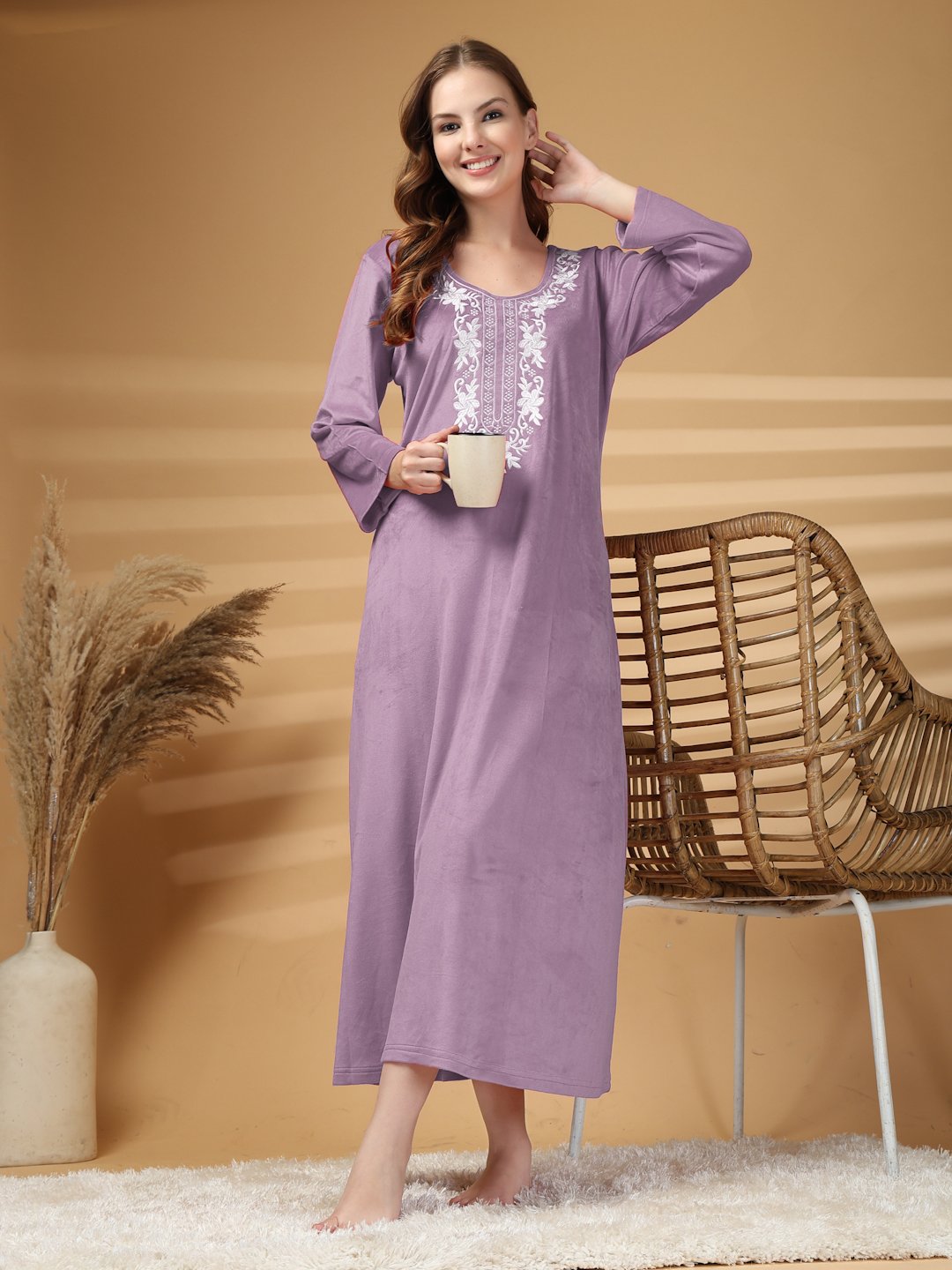 Klotthe Purple Solid Soft touch Velvet Maxi Nightdress