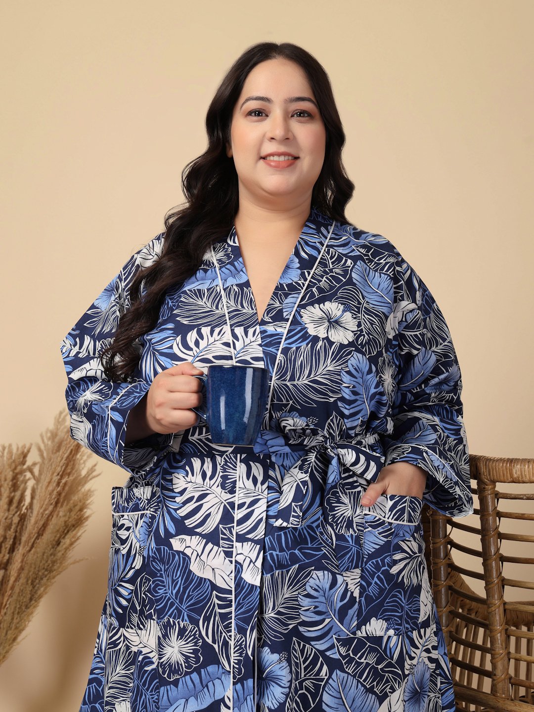 Women Printed Blue Floral  Plus Size Pure Cotton Bath Robe With Belt