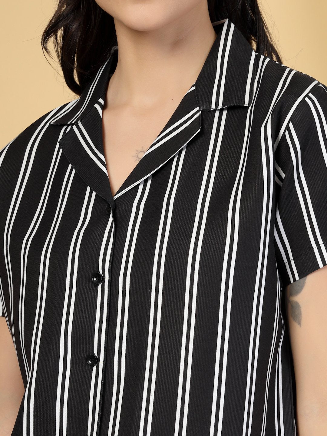 Women Black Striped Cotton Blend Night Suit