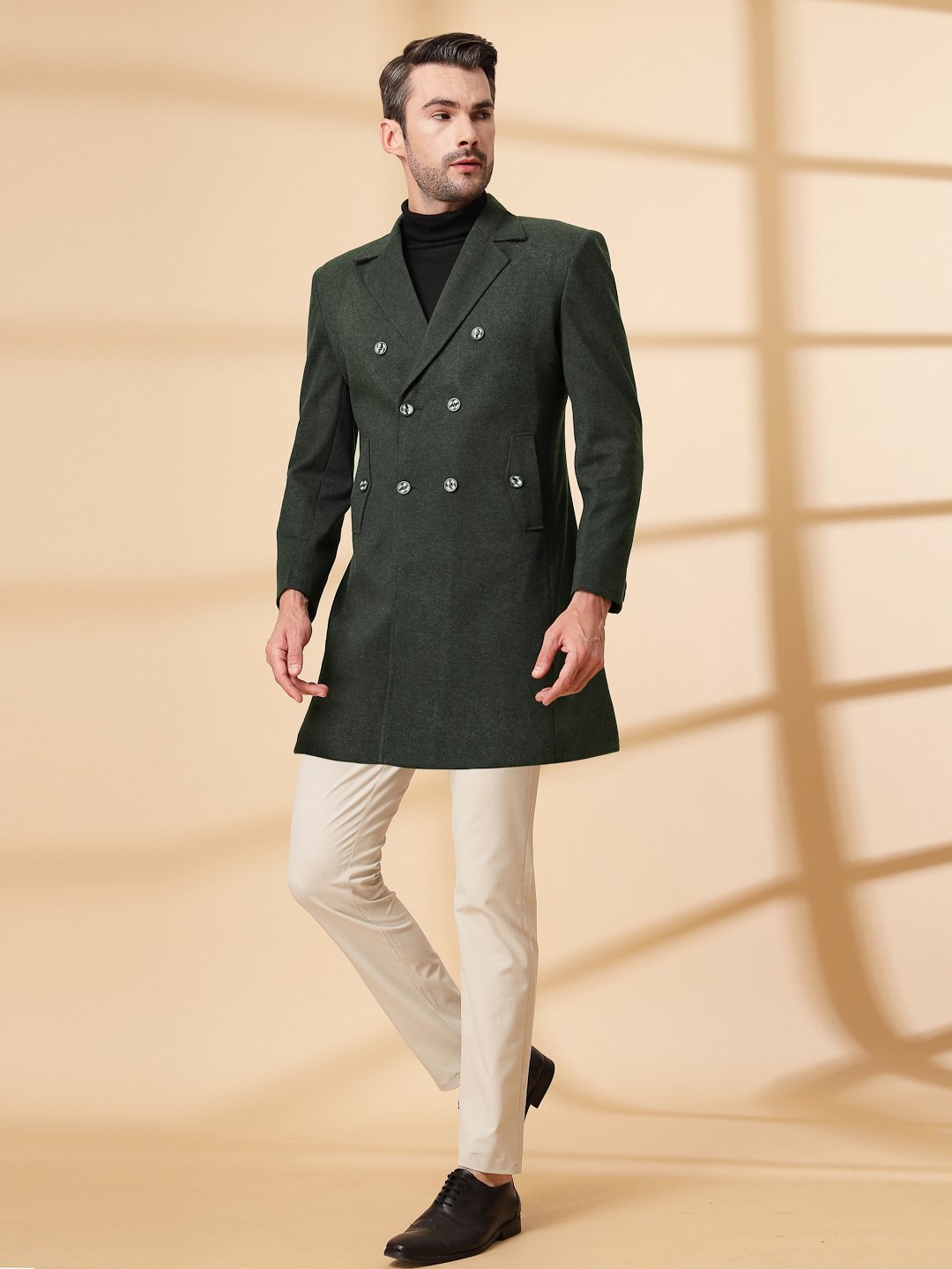 Olive Long Sleeve Double-Breasted Woolen Coat