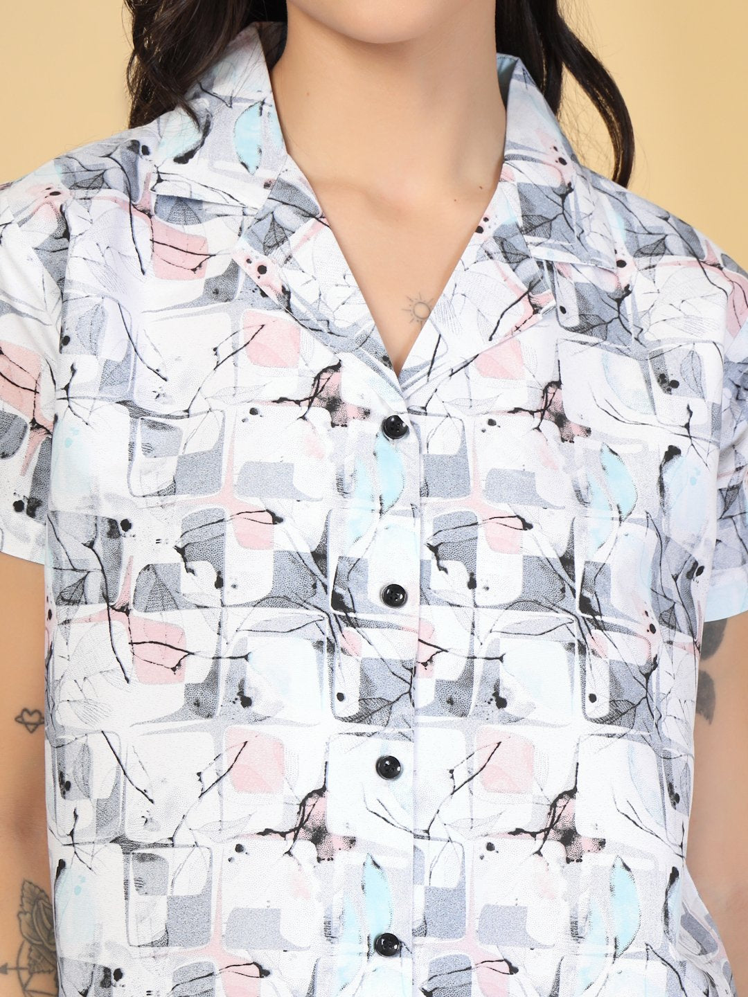 Women Grey Abstract Cotton Blend Night Suit
