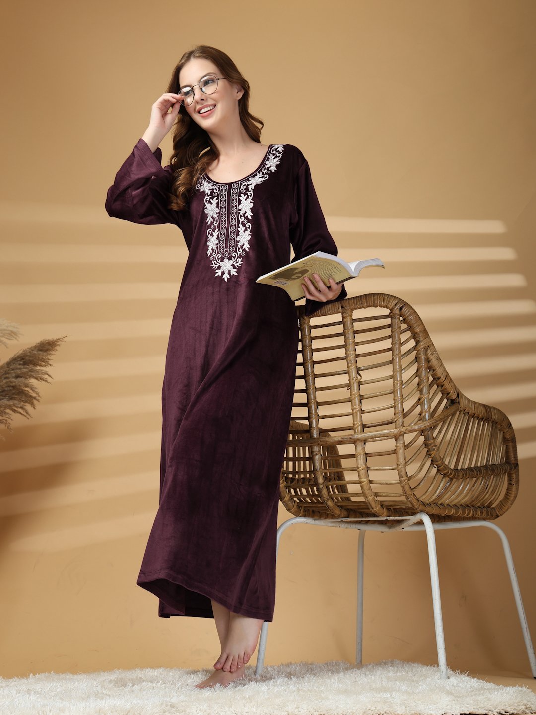 Klotthe Wine Solid Soft touch Velvet Maxi Nightdress