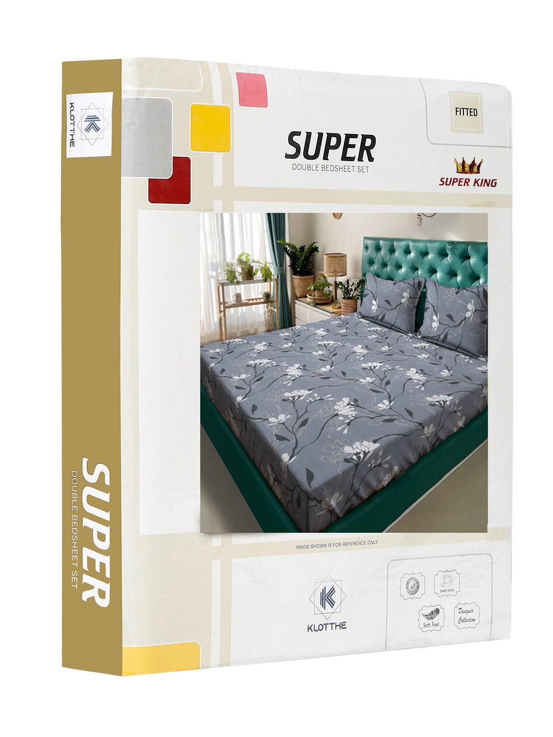 Klotthe Grey Floral 300 TC Cotton Blend Fitted Super King Double Bedsheet in Book Fold Packing