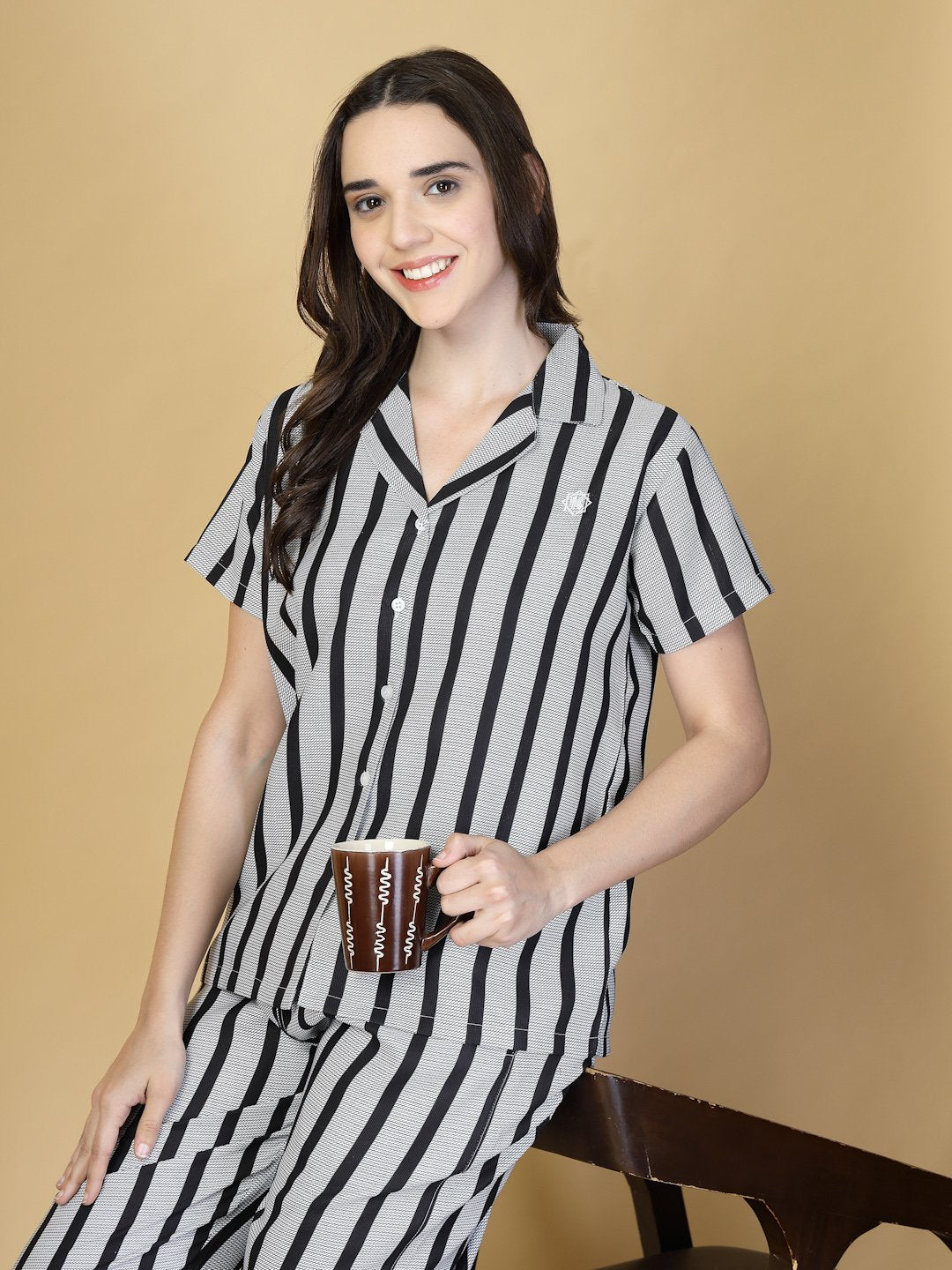 Women Black Striped Cotton Blend Night Suit