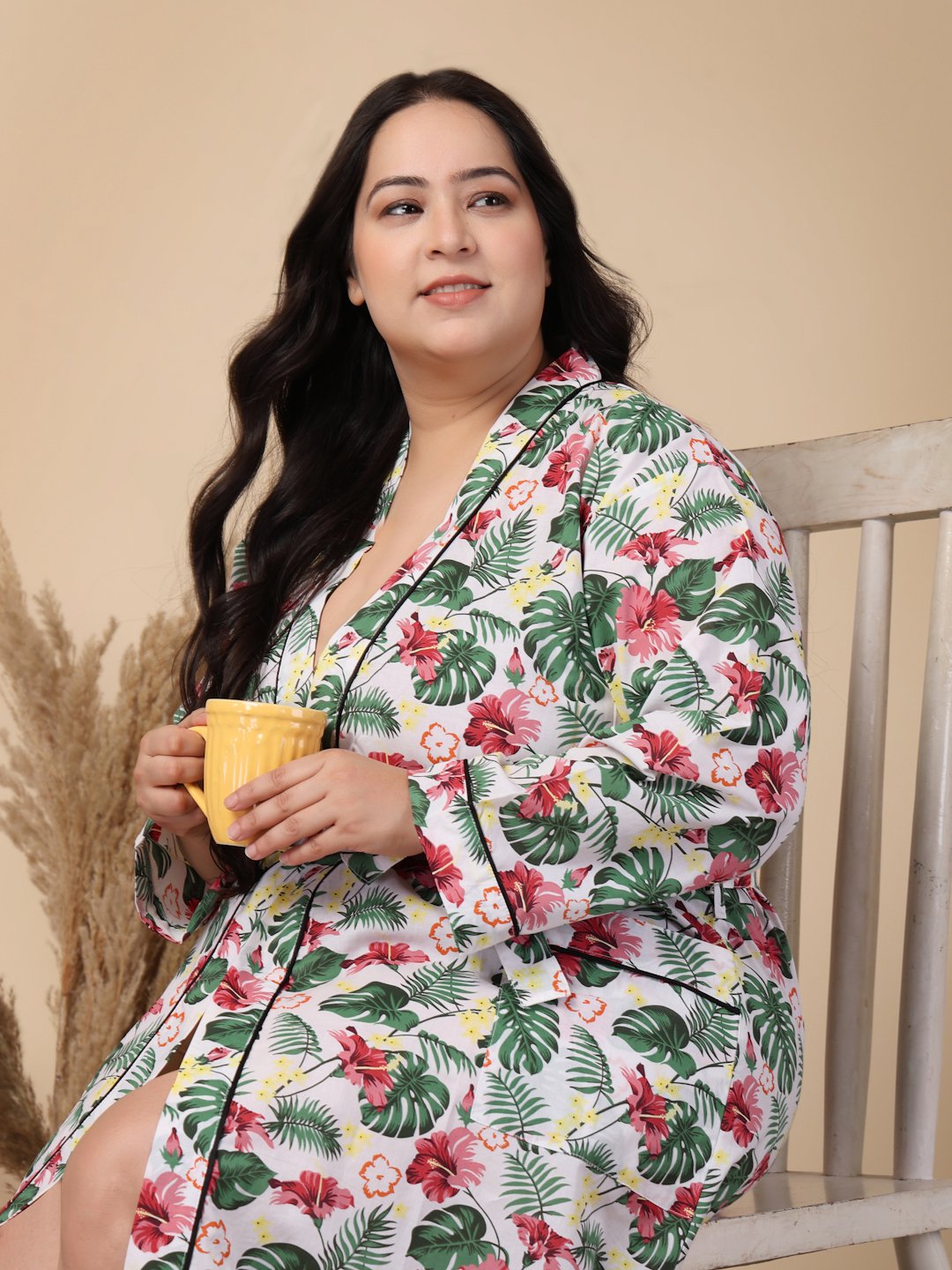 Women Printed White Floral Plus Size Pure Cotton Bath Robe With Belt