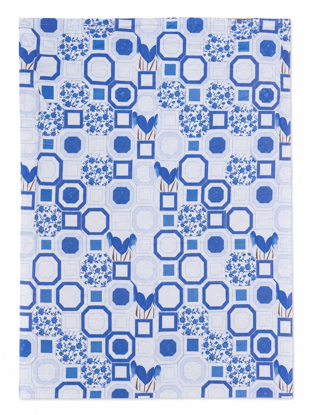 Blue Geometric Cotton Blend Fitted Double Bedsheet with 2 Pillow Covers