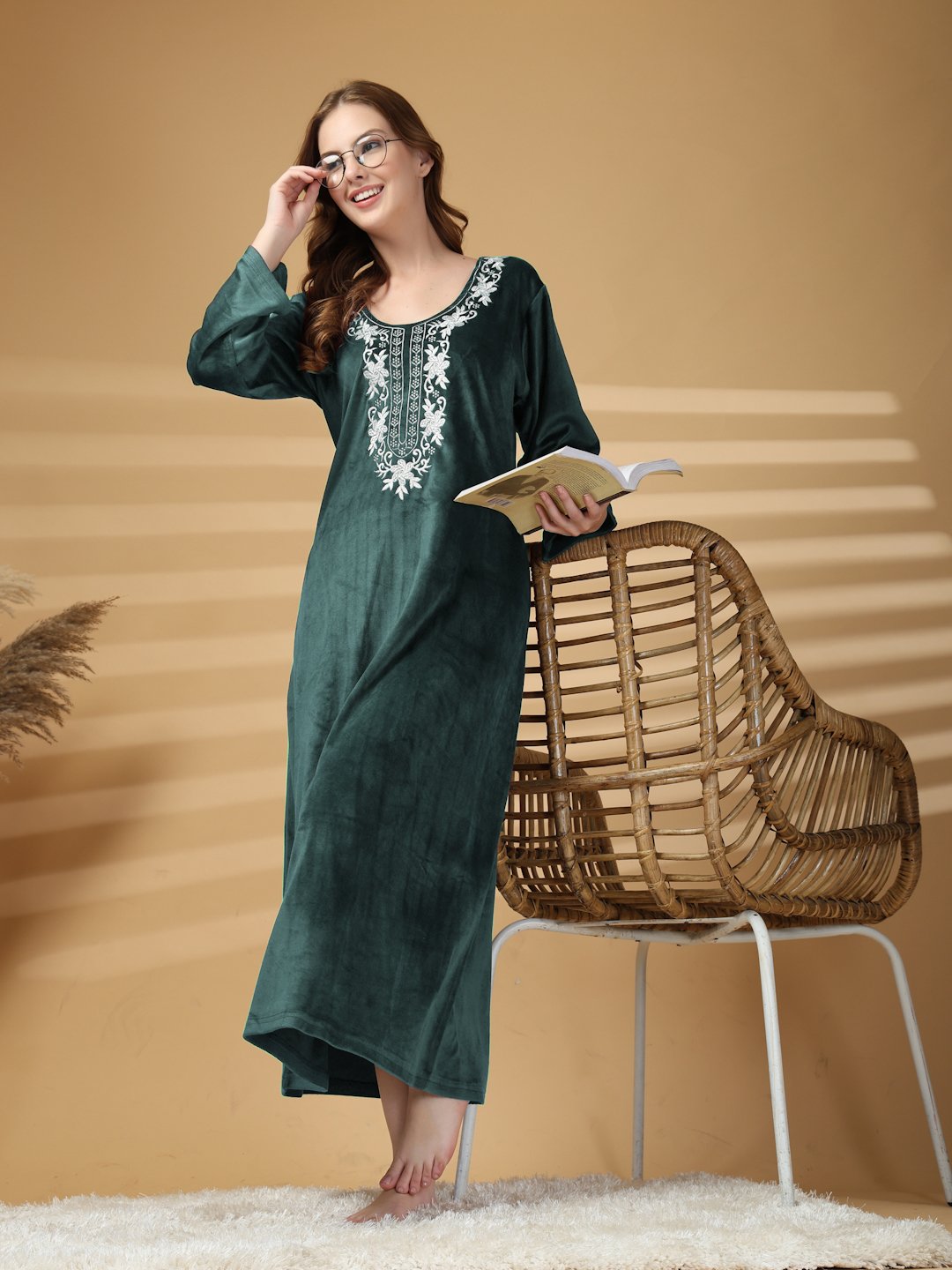 Klotthe Green Solid Soft touch Velvet Maxi Nightdress