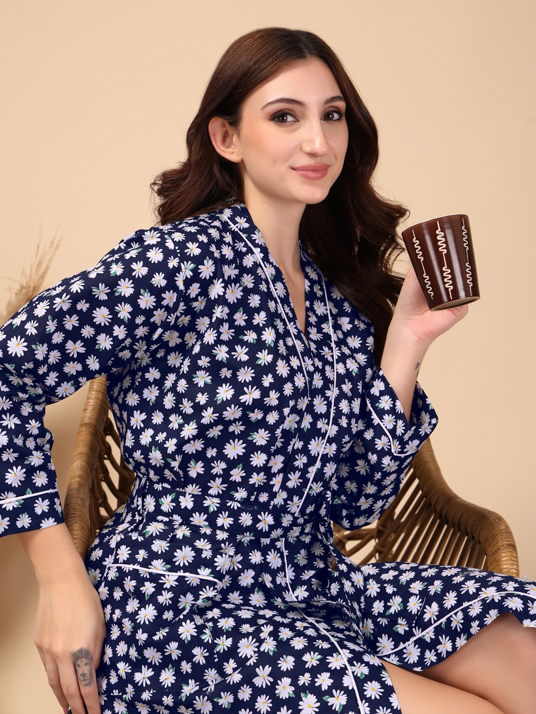 Women Printed Blue Floral Pure Cotton Bath Robe With Belt