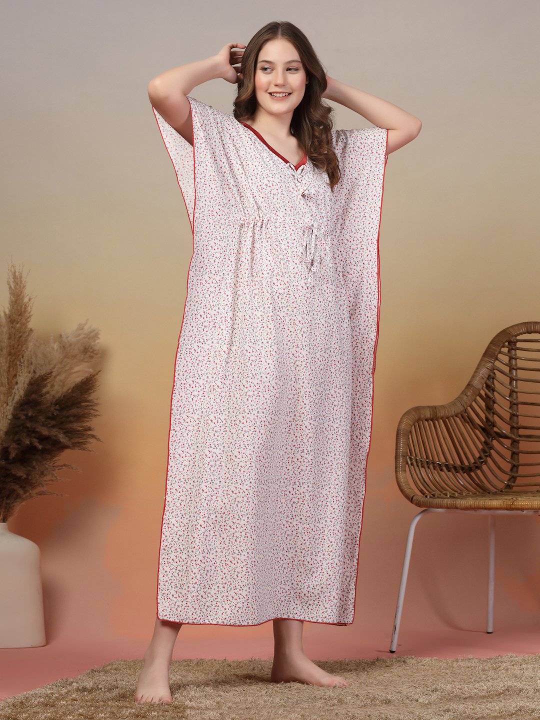 White Floral Cotton Blend Kaftan Maxi Nightdress