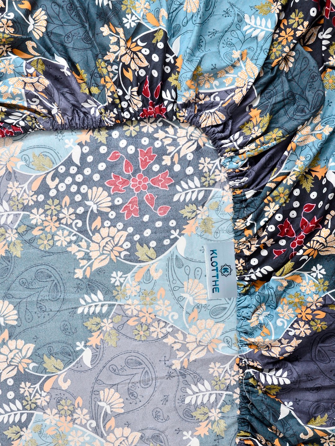 Blue Floral Cotton Blend Fitted Single Bedsheet with Pillow Cover