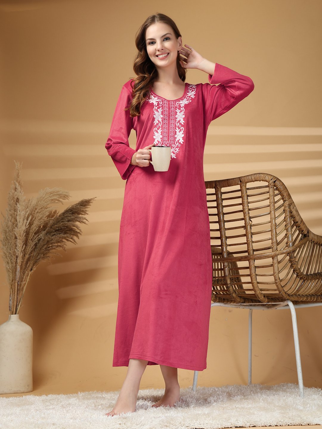 Klotthe Red Solid Soft touch Velvet Maxi Nightdress