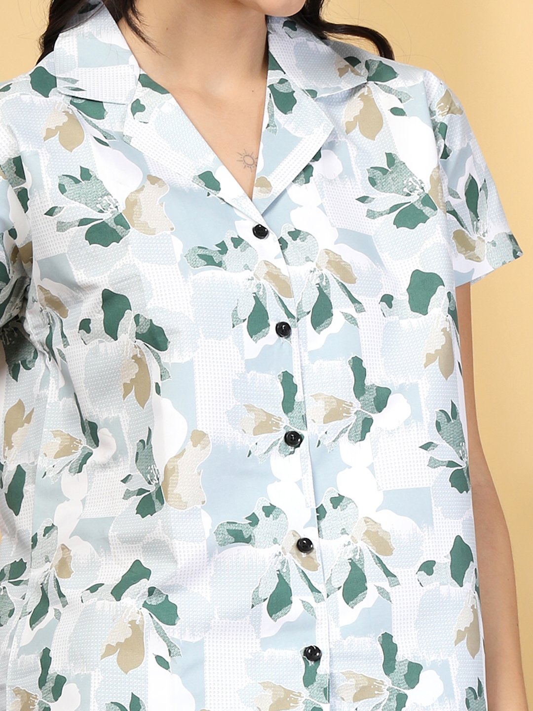 Women Green Abstract Cotton Blend Night Suit